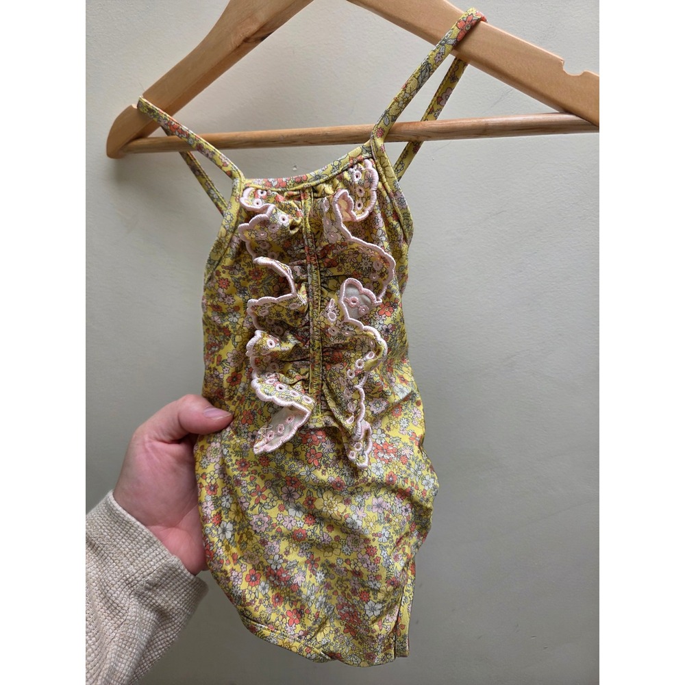Zimmermann Kids Yellow Floral Ruffle Eyelet One Piece Swimsuit Size 2